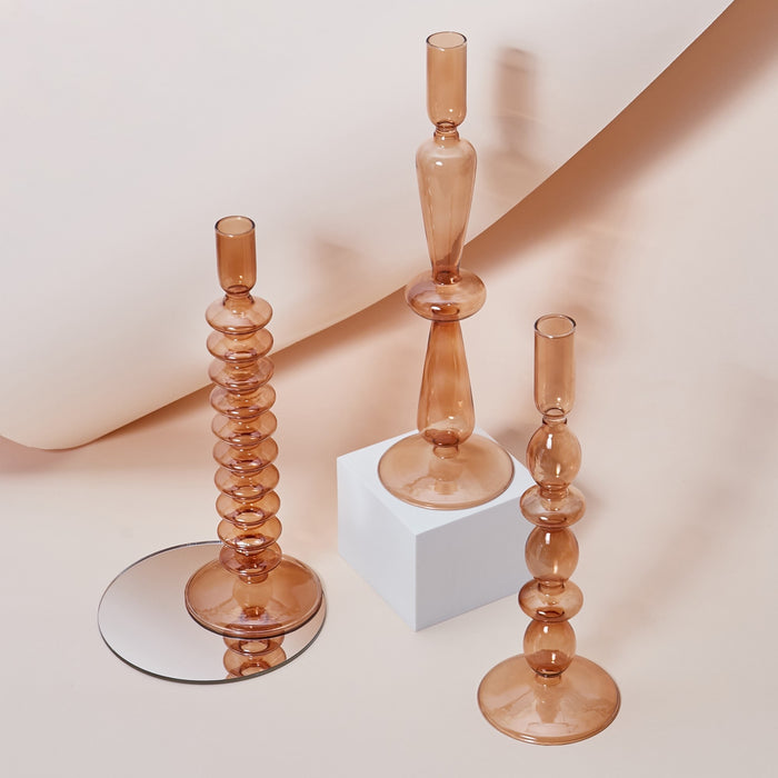 Bubble Glass Candle Holders/Bud Vases - Amber Brown