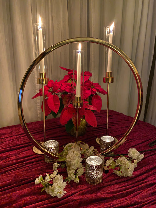 Gold Candlestick Holder with Glass Shades - Set of 3