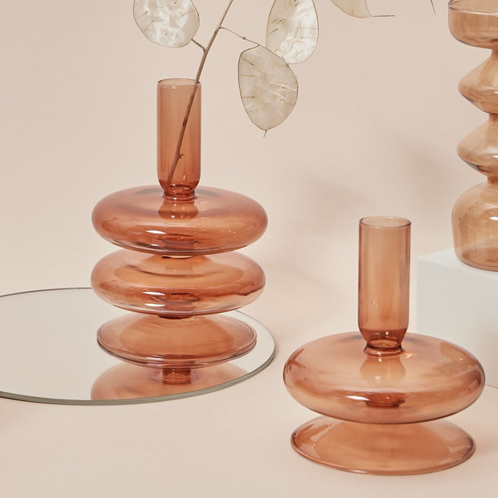 Bubble Glass Candle Holders/Bud Vases - Amber Brown